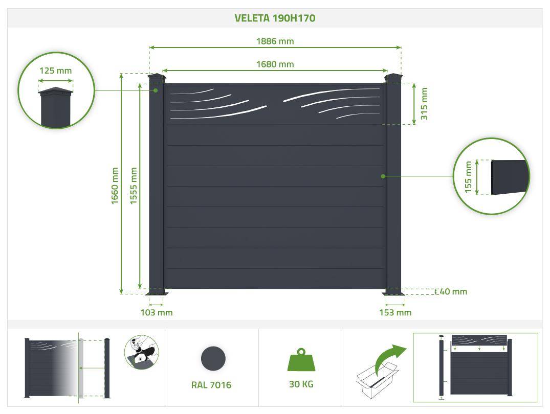 Casanoov Lot de 2 kits de clôture aluminium VELETA H.170   cm - kits complet 3.8m - Image 2