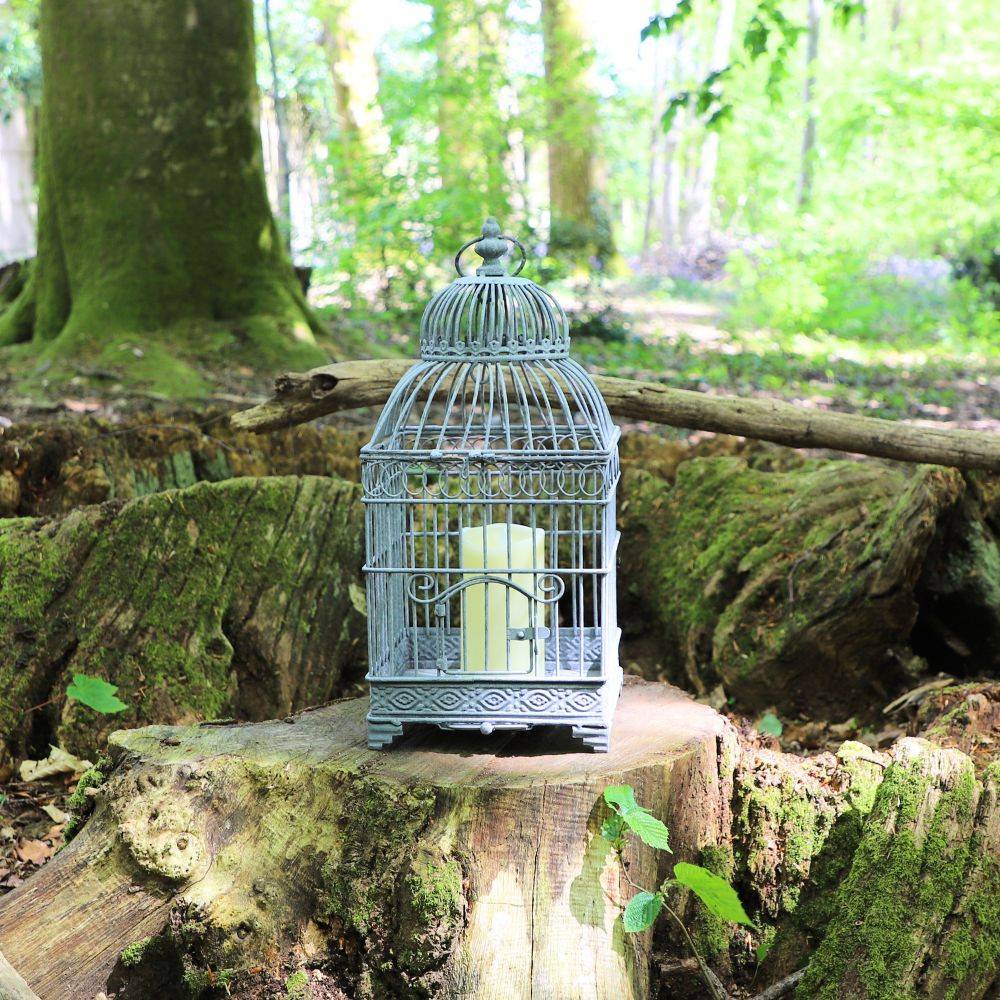 Cage à oiseaux bougeoir en métal gris 16.5 x 16.5 x 40 cm Chemin de campagne - Imagen 2