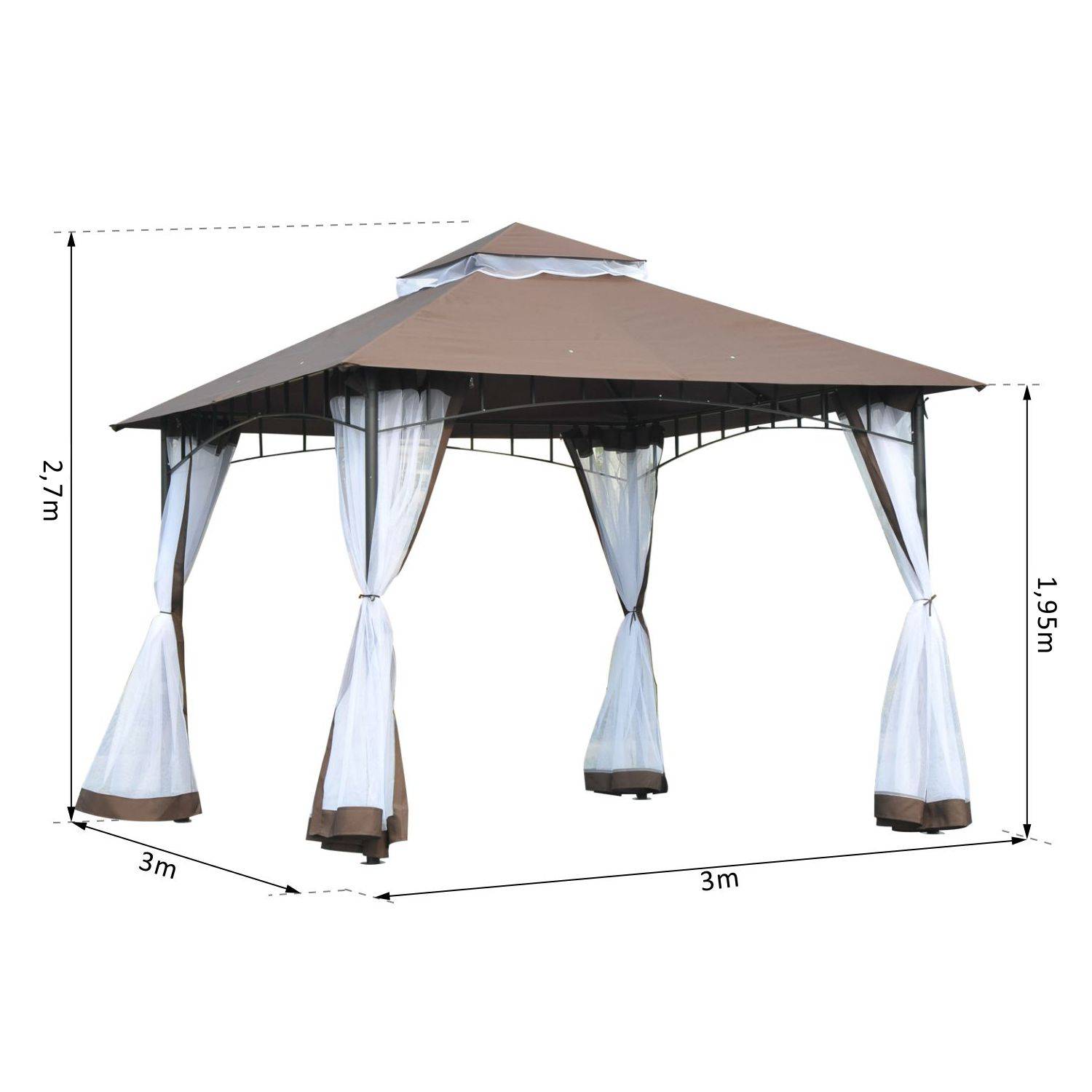 Outsunny - Tonnelle barnum style colonial double toit toile moustiquaires amovibles 3L x 3l x 2,7H m métal époxy polyester chocolat et blanc - Image 3