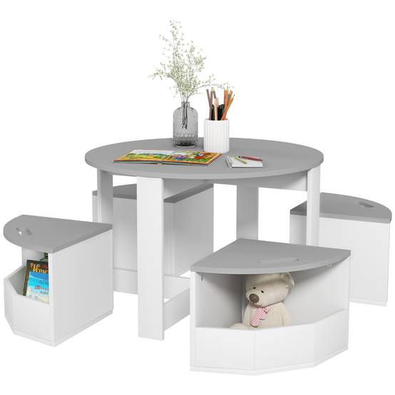 Ensemble table enfant et 4 tabourets gain de place avec rangement bois, gris - Image 1