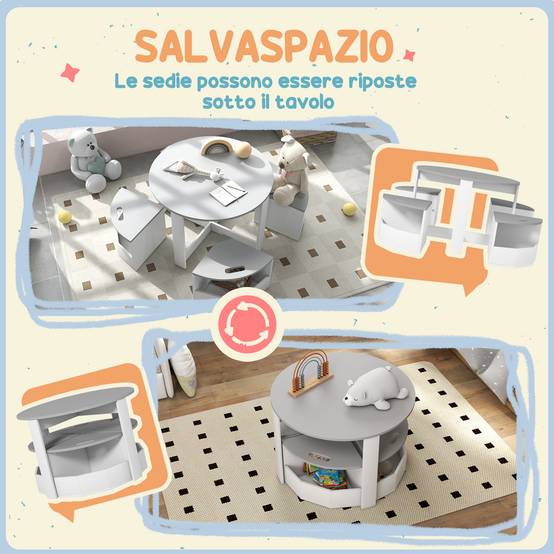 Ensemble table enfant et 4 tabourets gain de place avec rangement bois, gris - Image 7