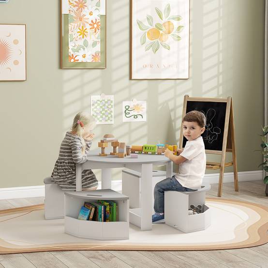 Ensemble table enfant et 4 tabourets gain de place avec rangement bois, gris - Image 3