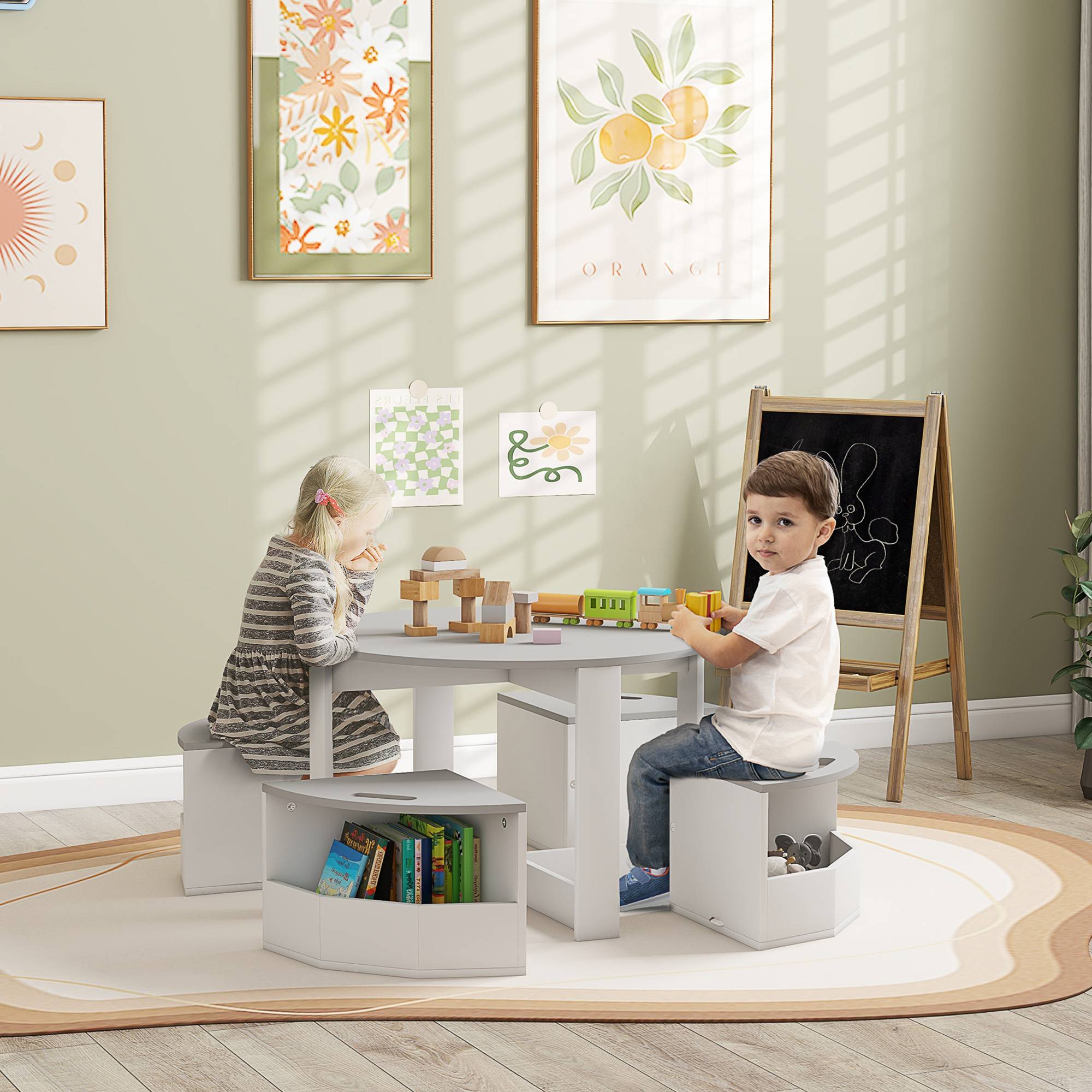 Ensemble table enfant et 4 tabourets gain de place avec rangement bois, gris - Image 3