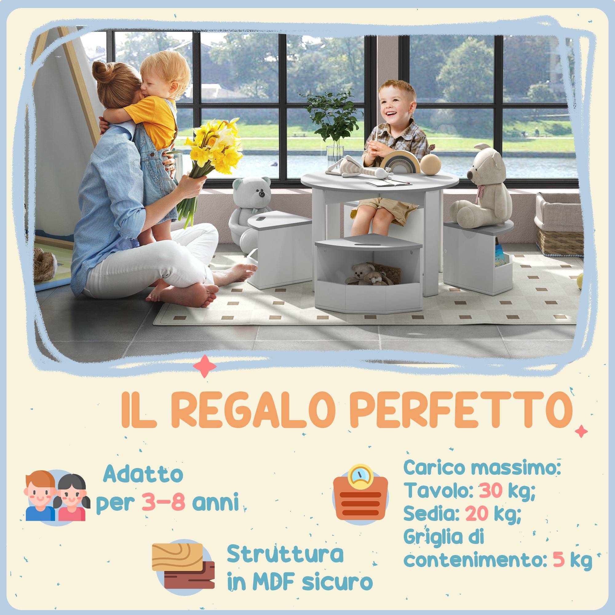 Ensemble table enfant et 4 tabourets gain de place avec rangement bois, gris - Image 9