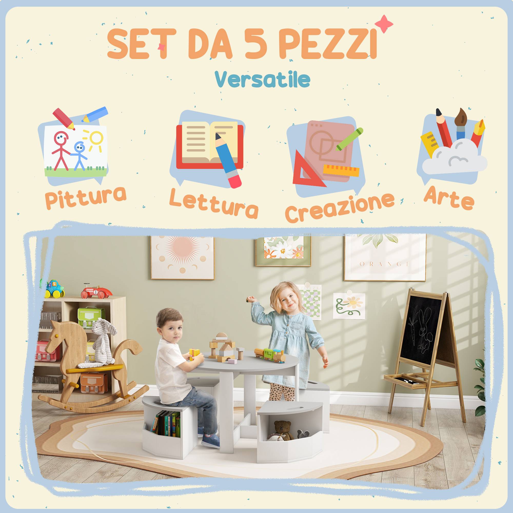 Ensemble table enfant et 4 tabourets gain de place avec rangement bois, gris - Image 6