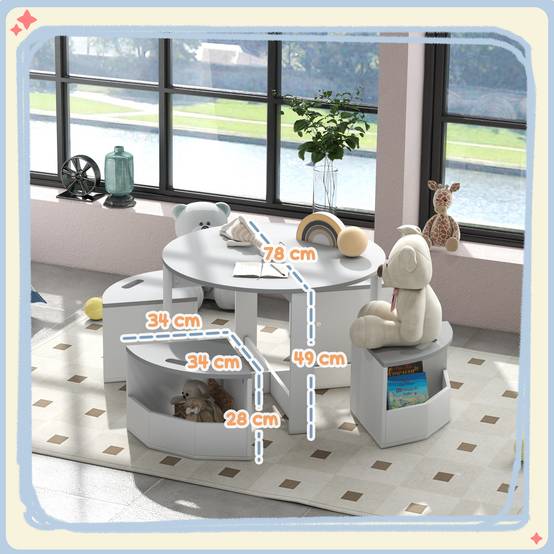 Ensemble table enfant et 4 tabourets gain de place avec rangement bois, gris - Image 5