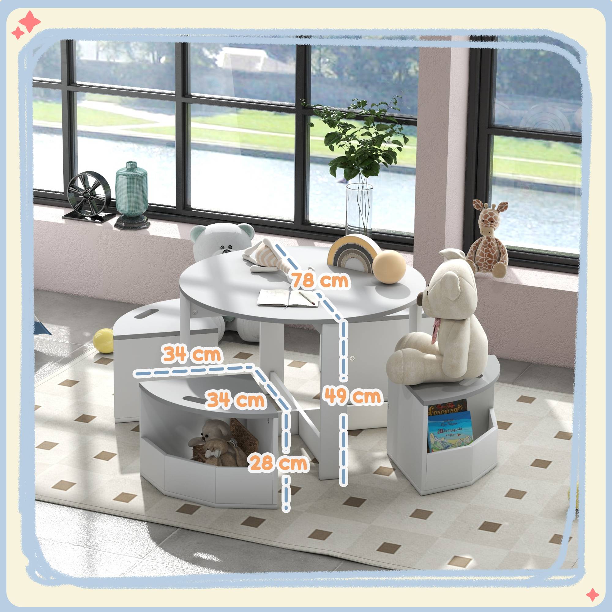 Ensemble table enfant et 4 tabourets gain de place avec rangement bois, gris - Image 5