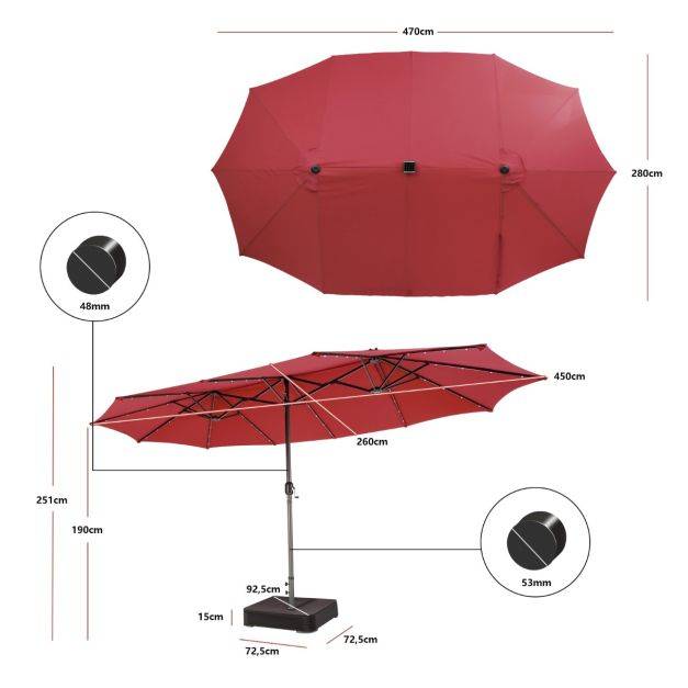 Helloshop26 - Parasol double face de 4,70 m avec 48 lumières led base à lester avec sac de sable (non inclus) parasol à manivelle rouge - Imagen 5