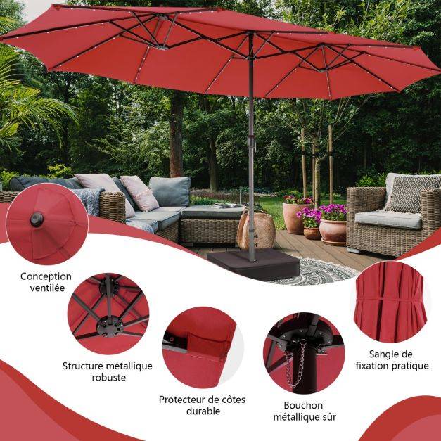Helloshop26 - Parasol double face de 4,70 m avec 48 lumières led base à lester avec sac de sable (non inclus) parasol à manivelle rouge - Imagen 3