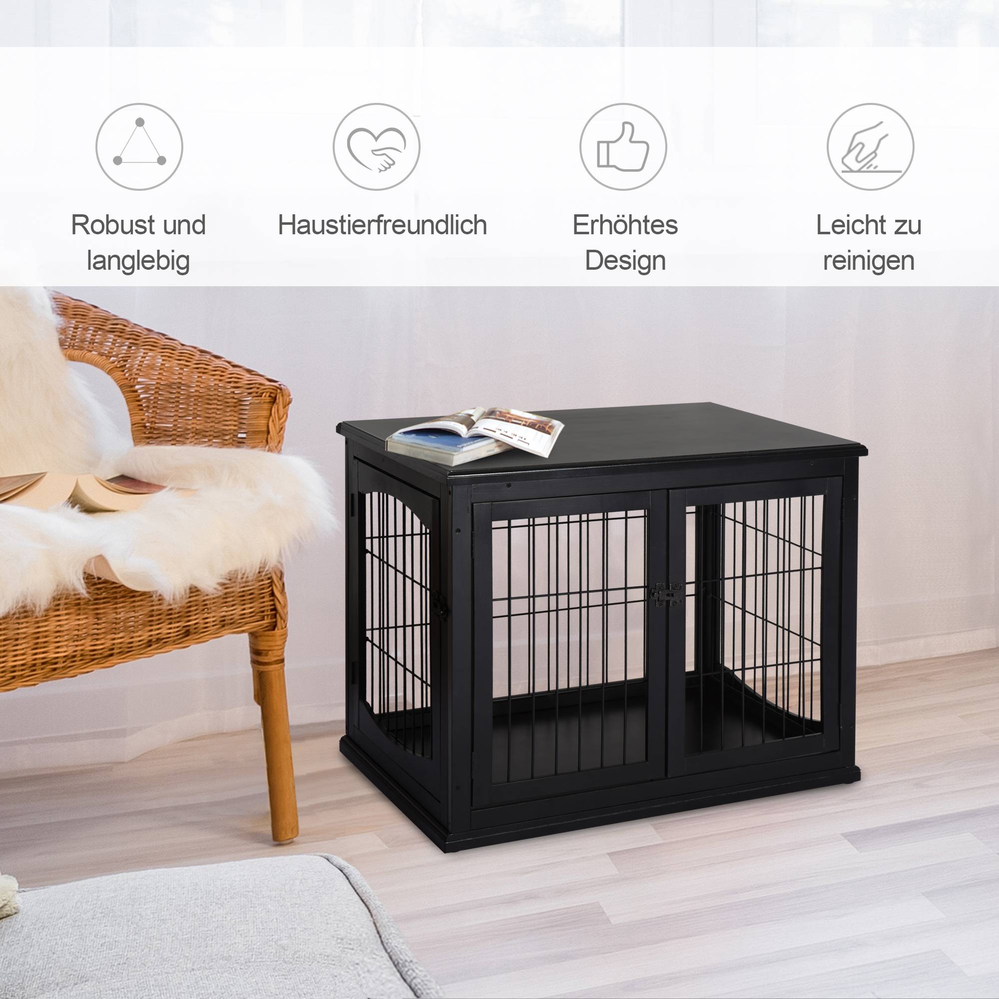 Cage pour chien avec surface de table, MDF et métal, Noir, 81 x 58.5 x 66 cm - PANGIVO - Image 4
