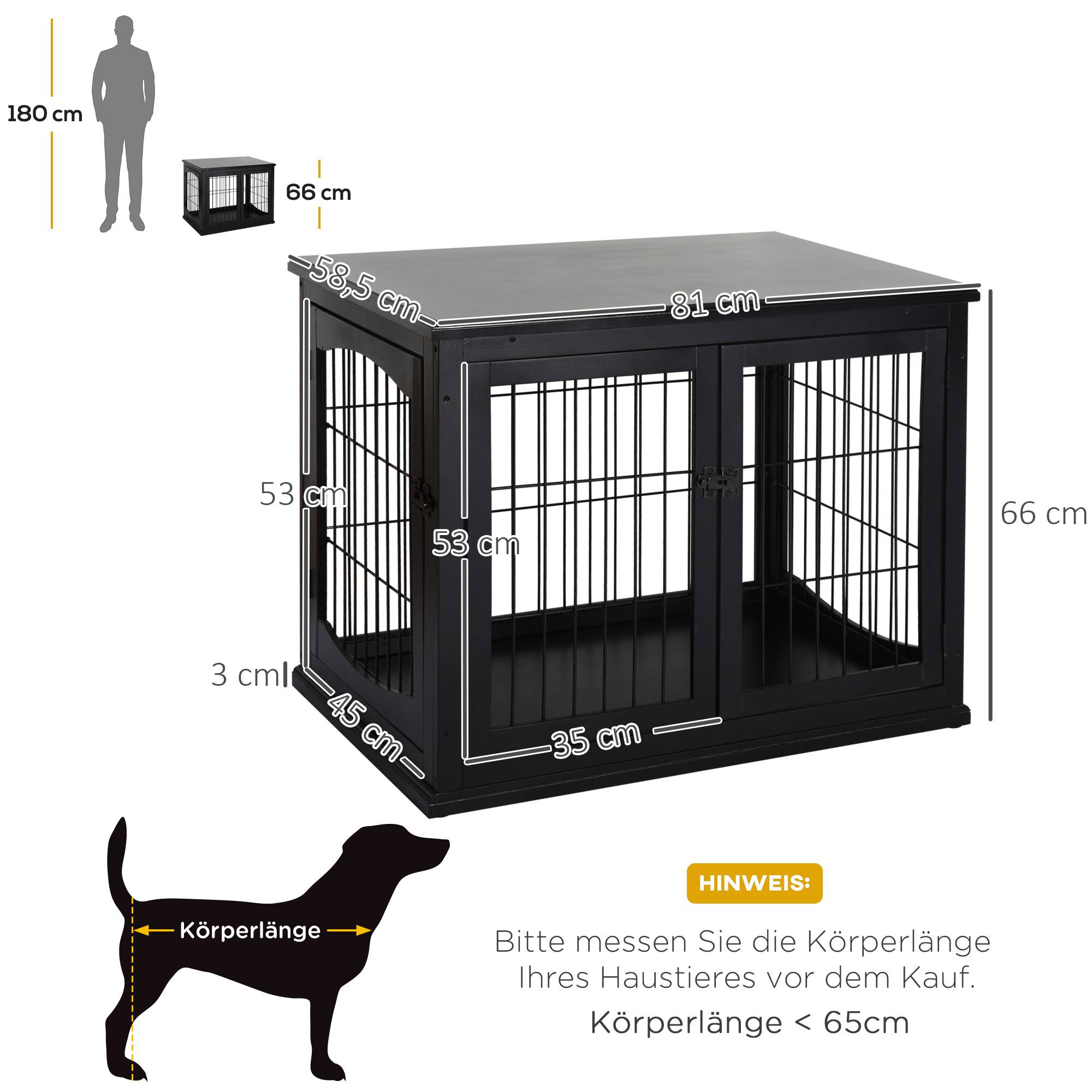 Cage pour chien avec surface de table, MDF et métal, Noir, 81 x 58.5 x 66 cm - PANGIVO - Image 3