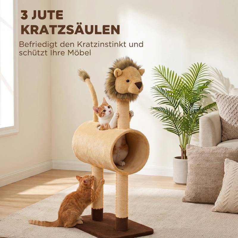 Arbre à chat 104 cm design lion, poteau à gratter, tunnel, queue suspendue, jusqu'à 7 kg, marron clair - Image 6