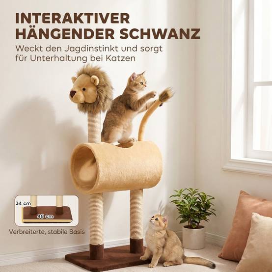 Arbre à chat 104 cm design lion, poteau à gratter, tunnel, queue suspendue, jusqu'à 7 kg, marron clair - Image 7