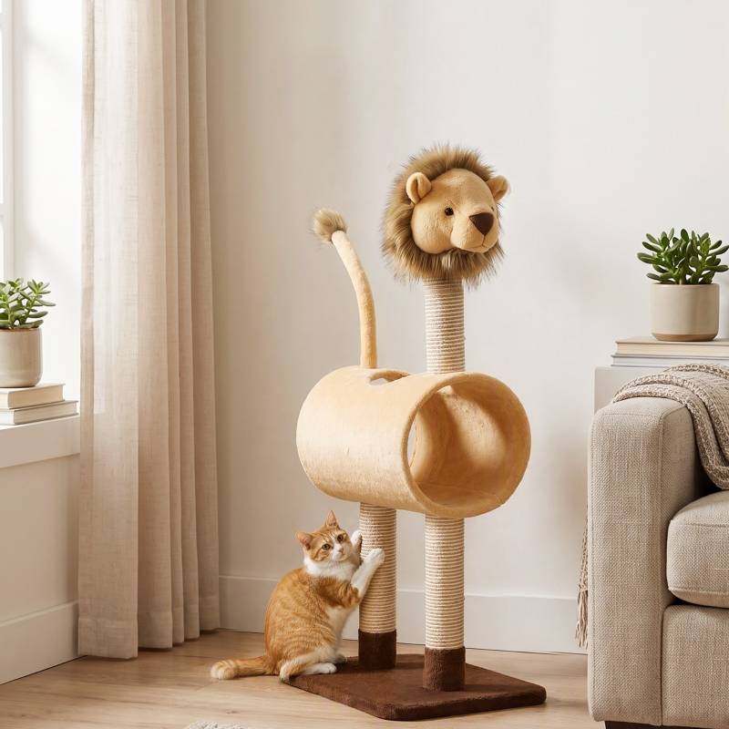 Arbre à chat 104 cm design lion, poteau à gratter, tunnel, queue suspendue, jusqu'à 7 kg, marron clair - Image 2