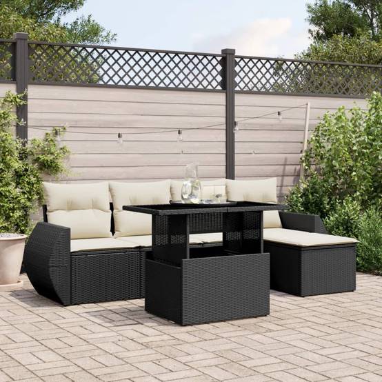 Ensemble de jardin 5 places résine tressée table ajustable et pouf modulable noir – ComfortXL Outdoor Living - Image 1