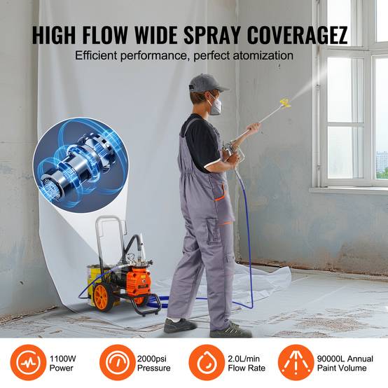 VEVOR Pulvérisateur sans air 1100W, 2000 PSI, 2 L/min. Barre extension. Peinture intérieur/extérieur. - Image 3