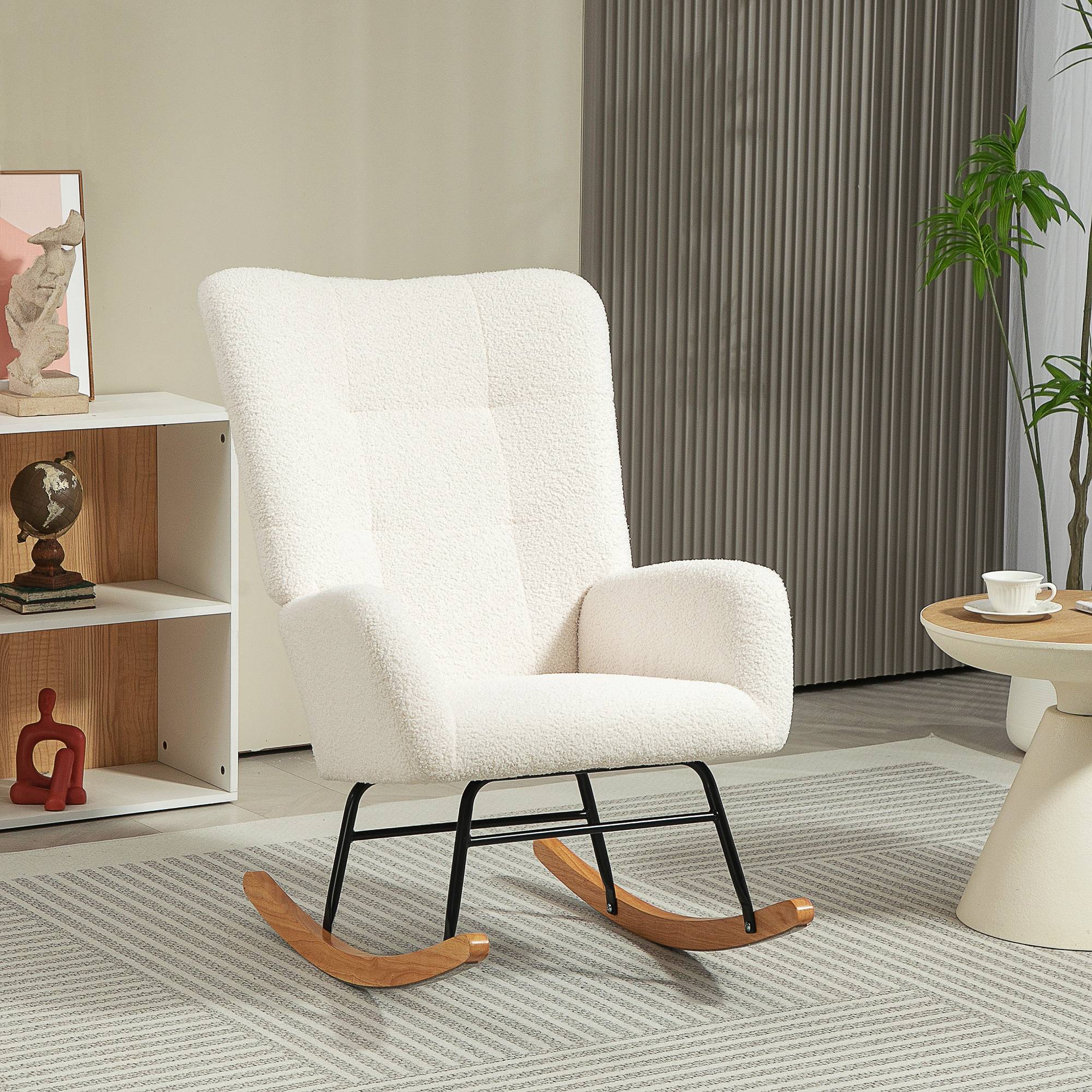 Fauteuil à bascule en tissu effet laine bouclée avec pieds en bois massif d'hévéa pour chambre, salon, crème - Image 4