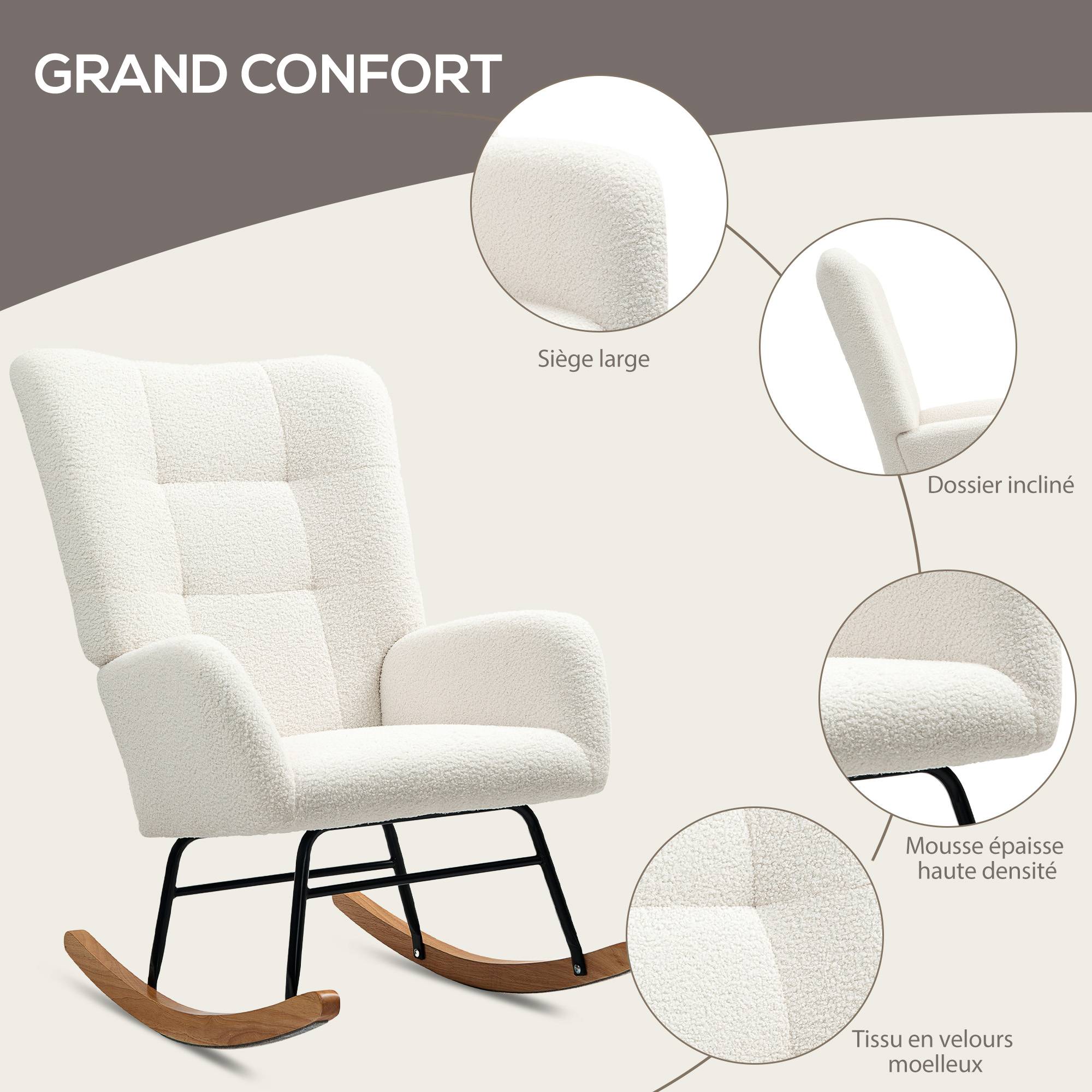Fauteuil à bascule en tissu effet laine bouclée avec pieds en bois massif d'hévéa pour chambre, salon, crème - Image 7