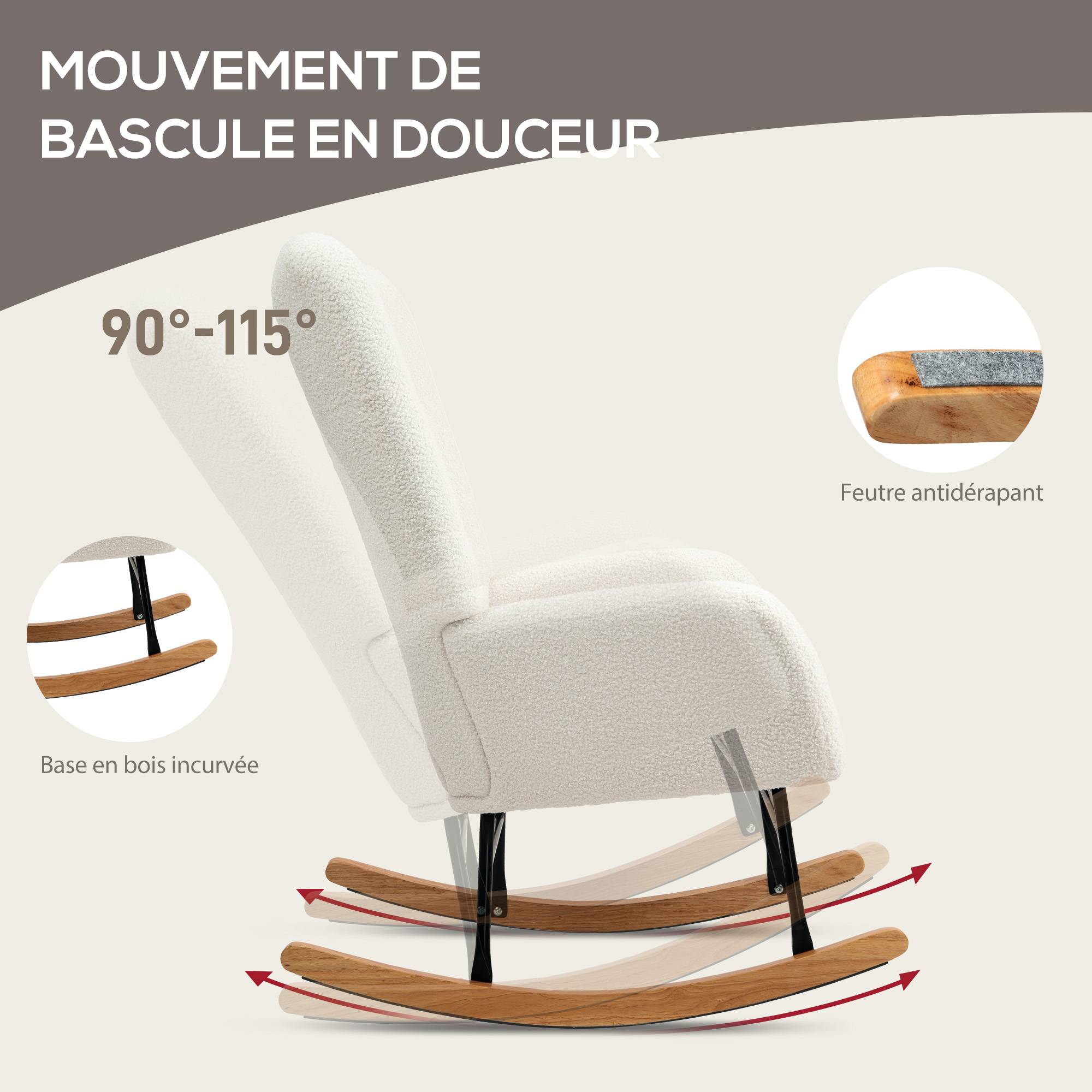 Fauteuil à bascule en tissu effet laine bouclée avec pieds en bois massif d'hévéa pour chambre, salon, crème - Image 6