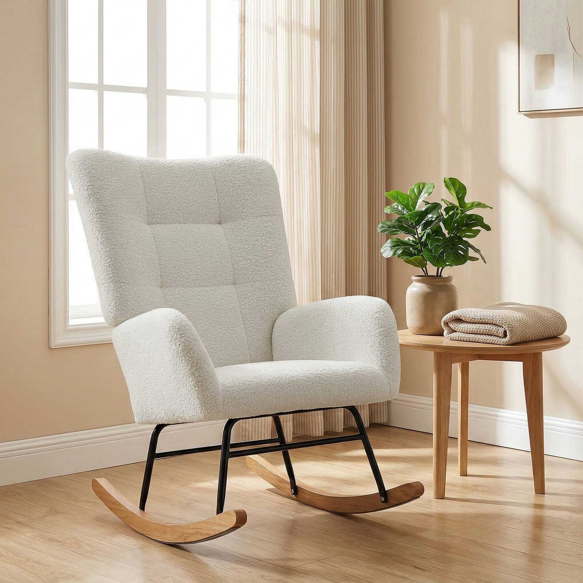 Fauteuil à bascule en tissu effet laine bouclée avec pieds en bois massif d'hévéa pour chambre, salon, crème - Image 9