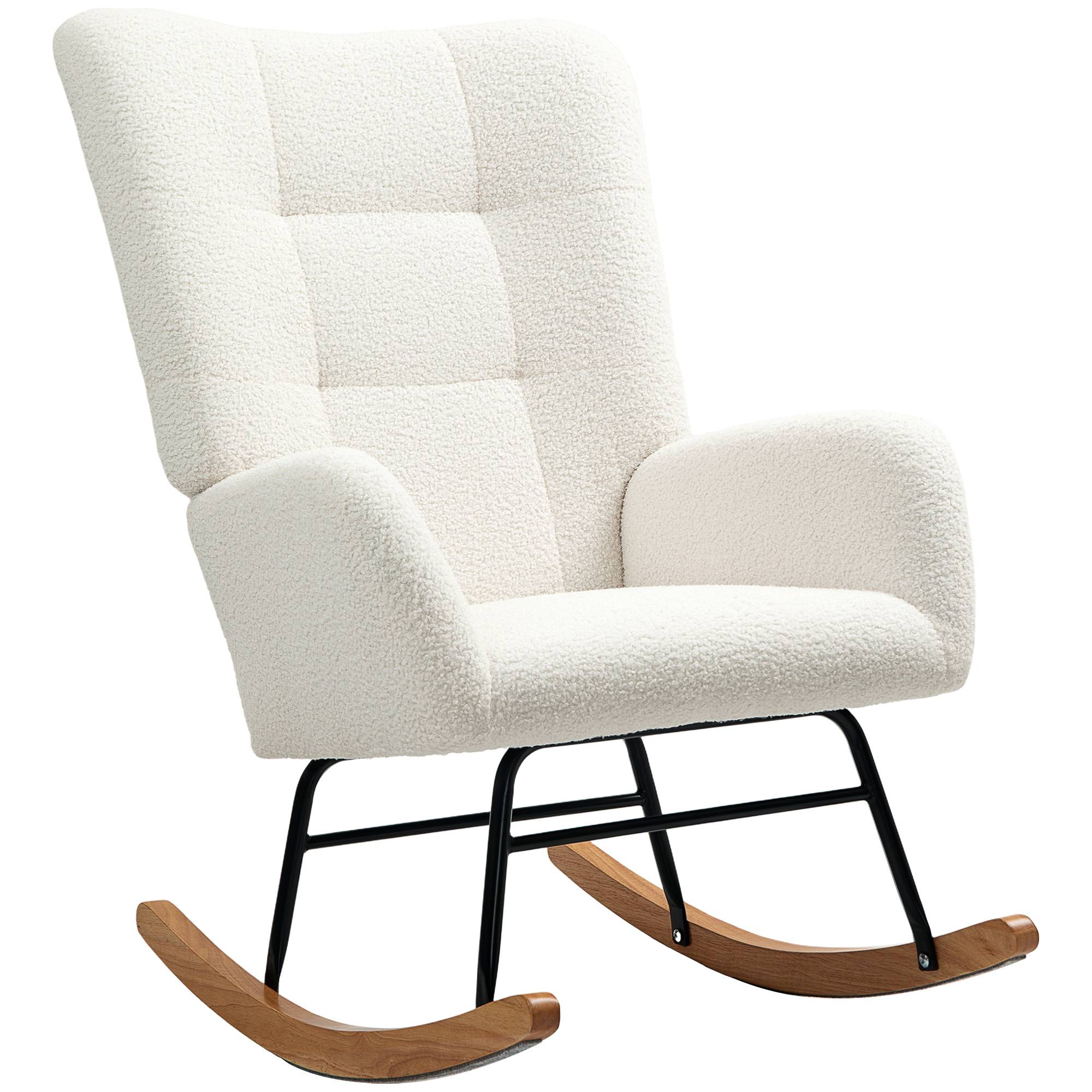 Fauteuil à bascule en tissu effet laine bouclée avec pieds en bois massif d'hévéa pour chambre, salon, crème - Image 2