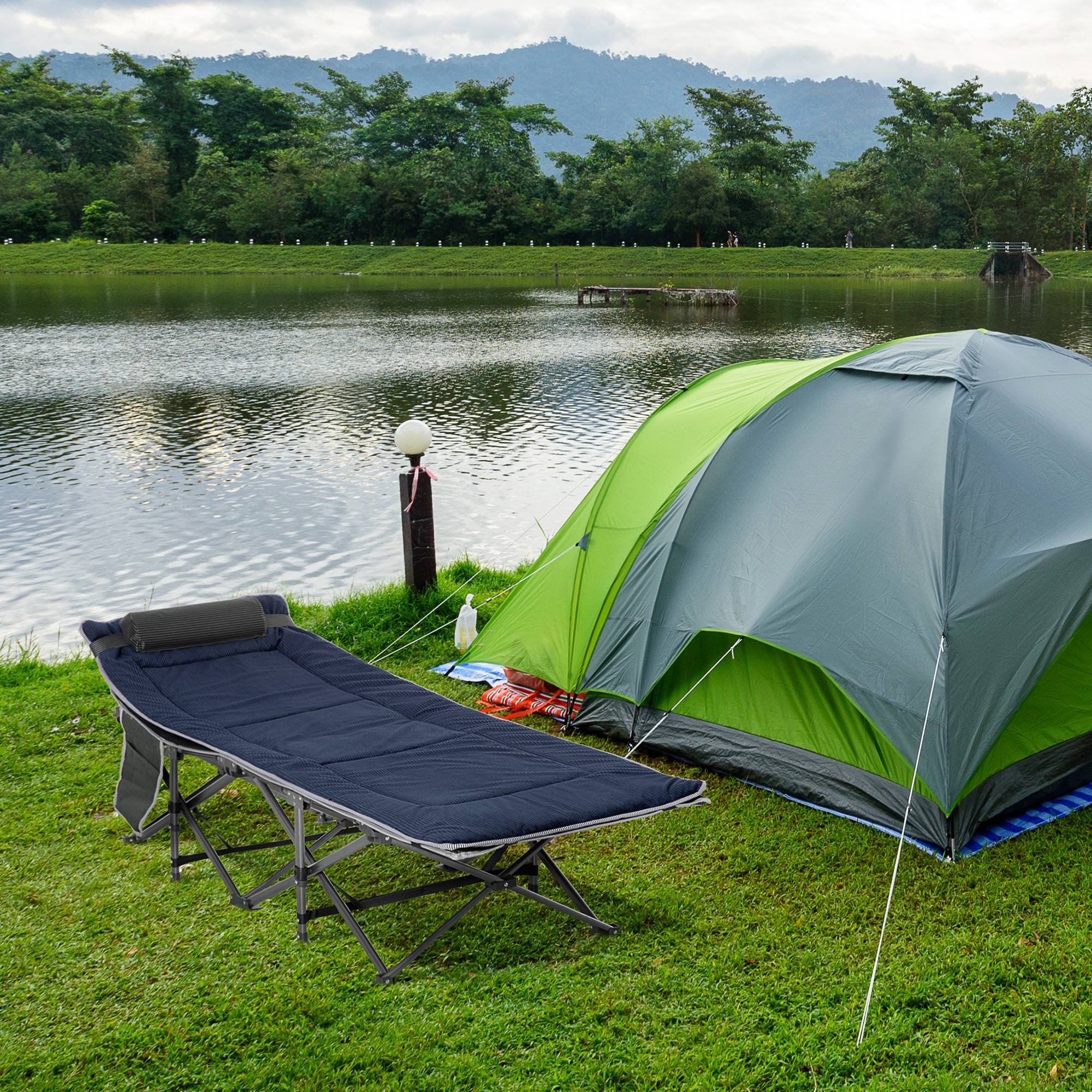 Lit de camp avec coussin, oreiller, poche, sac de transport et cadre en acier, capacité de charge 150 kg, 188 x 64,5 x 53 cm, bleu - Image 3