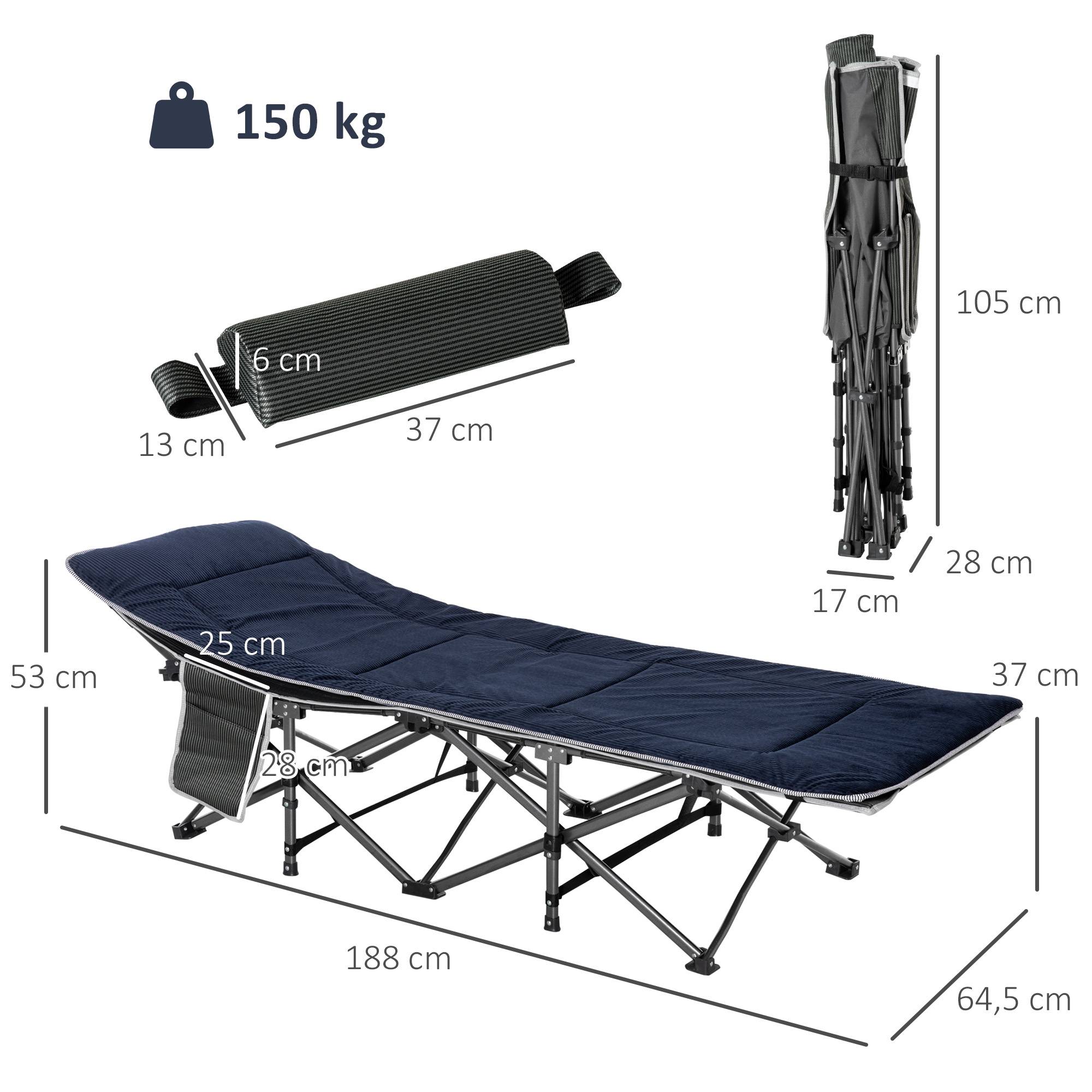 Lit de camp avec coussin, oreiller, poche, sac de transport et cadre en acier, capacité de charge 150 kg, 188 x 64,5 x 53 cm, bleu - Image 5