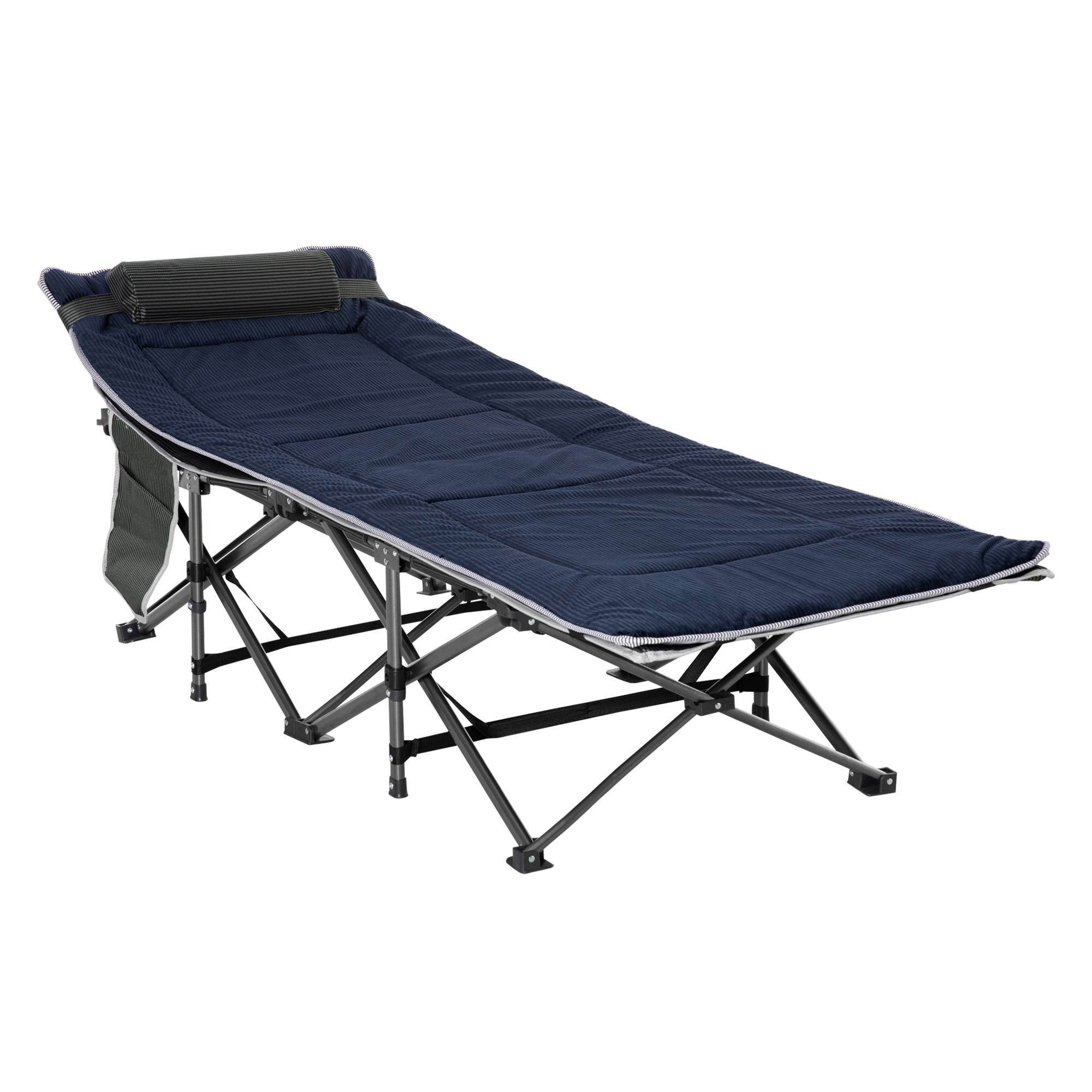 Lit de camp avec coussin, oreiller, poche, sac de transport et cadre en acier, capacité de charge 150 kg, 188 x 64,5 x 53 cm, bleu - Image 2