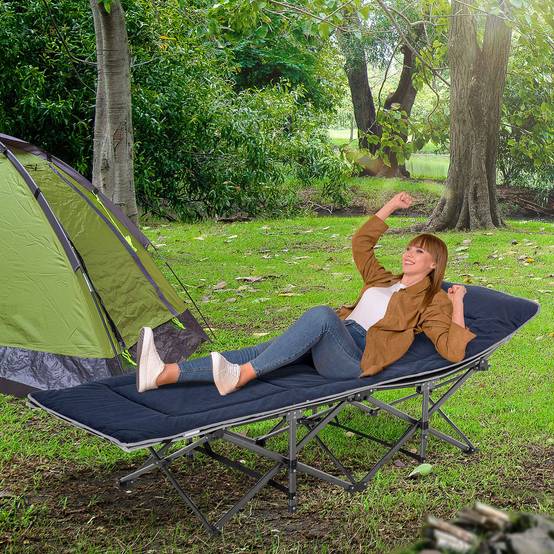 Lit de camp avec coussin, oreiller, poche, sac de transport et cadre en acier, capacité de charge 150 kg, 188 x 64,5 x 53 cm, bleu - Image 4