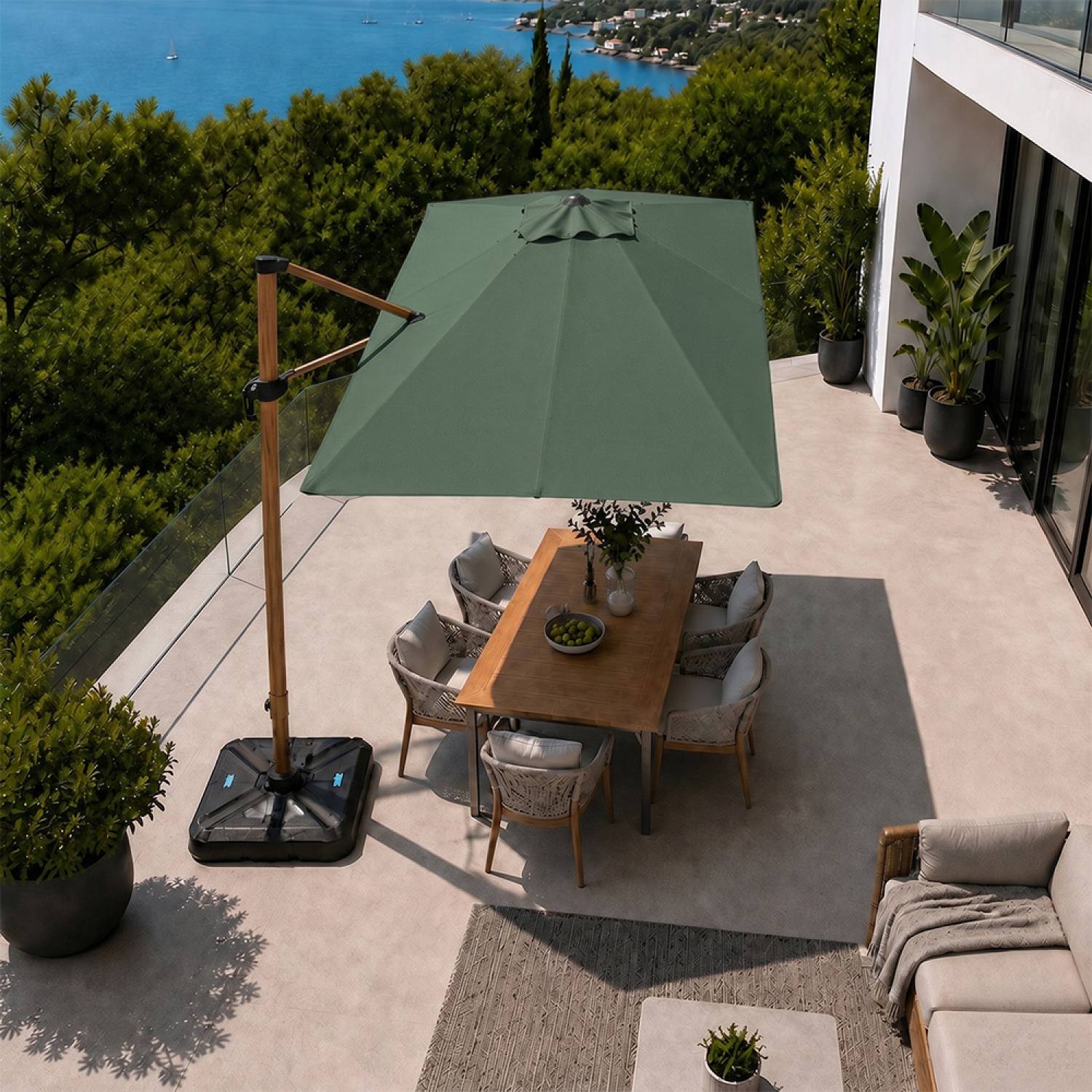 Parasol rectangulaire 2x3m déporté rotatif vert structure effet bois PIANA - Image 5