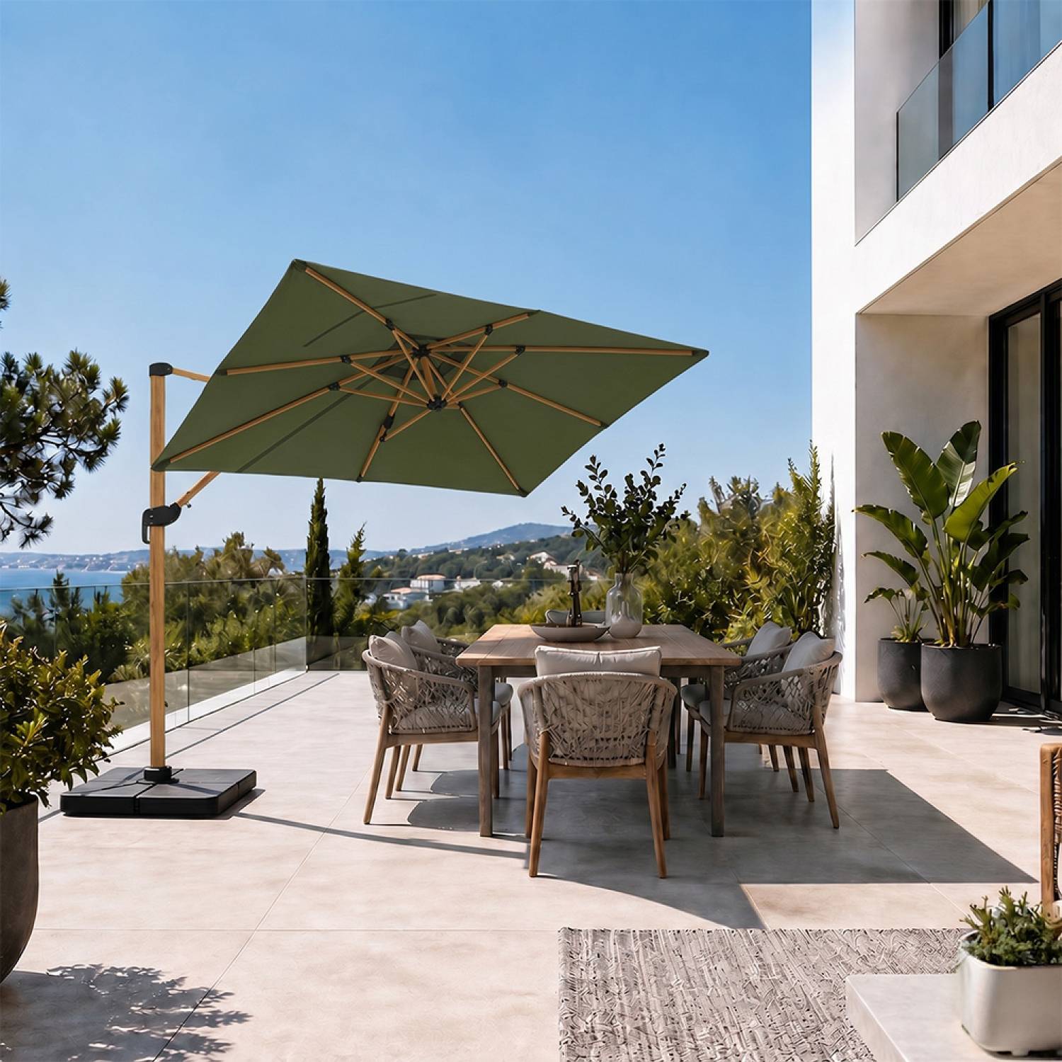 Parasol rectangulaire 2x3m déporté rotatif vert structure effet bois PIANA - Image 4