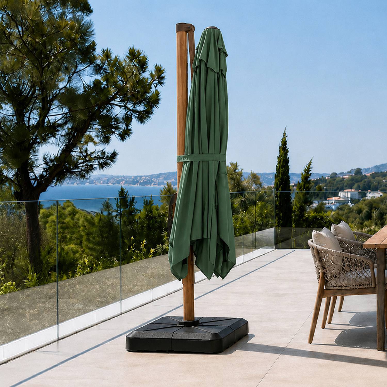 Parasol rectangulaire 2x3m déporté rotatif vert structure effet bois PIANA - Image 6
