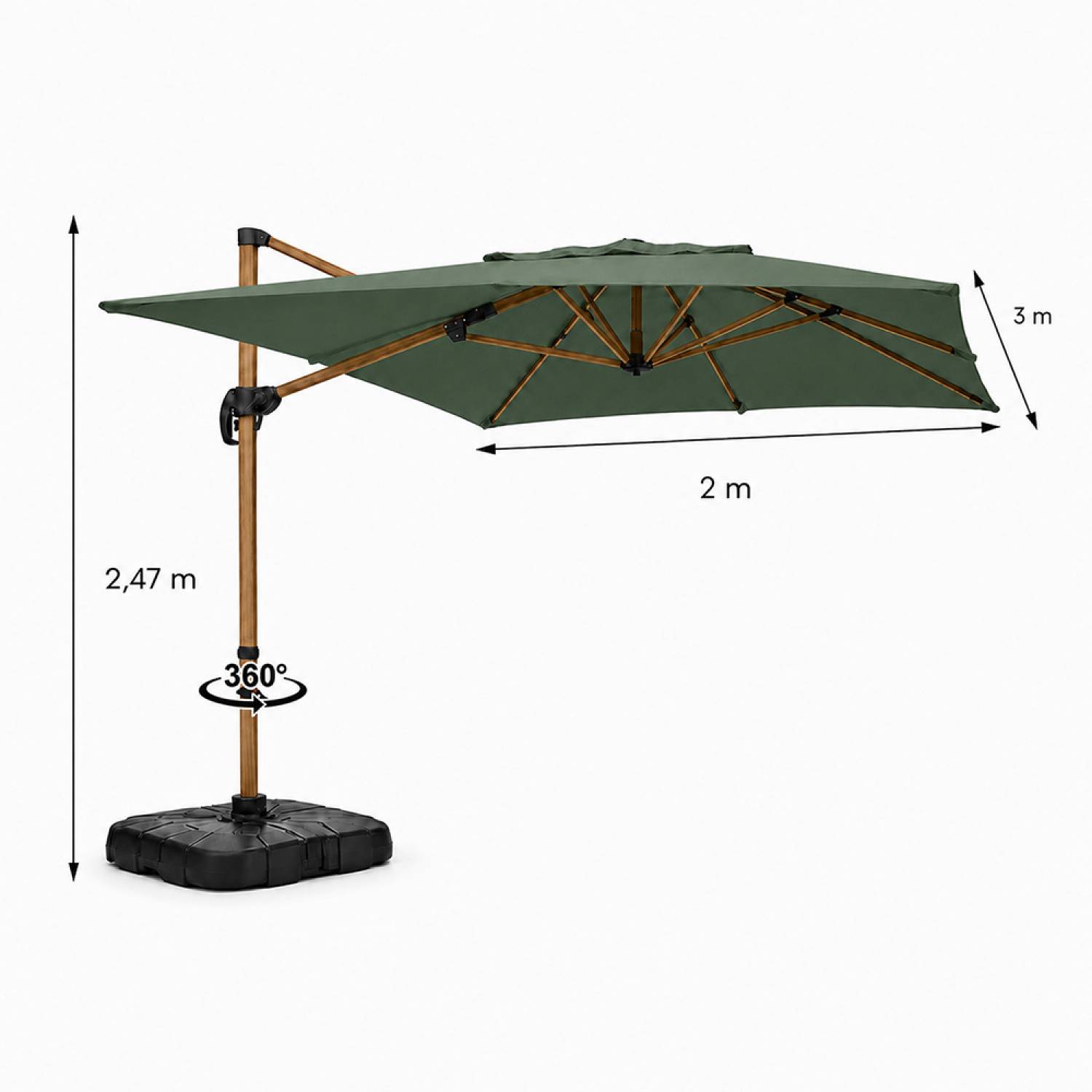 Parasol rectangulaire 2x3m déporté rotatif vert structure effet bois PIANA - Image 3