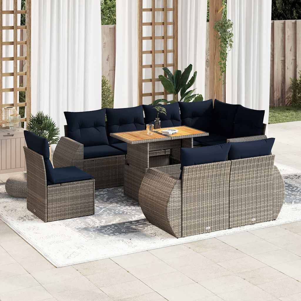 Salon de jardin 8 places Gris Résine tressée modulable Rangement et table haute Coussins Bleu – ComfortXL Outdoor Living