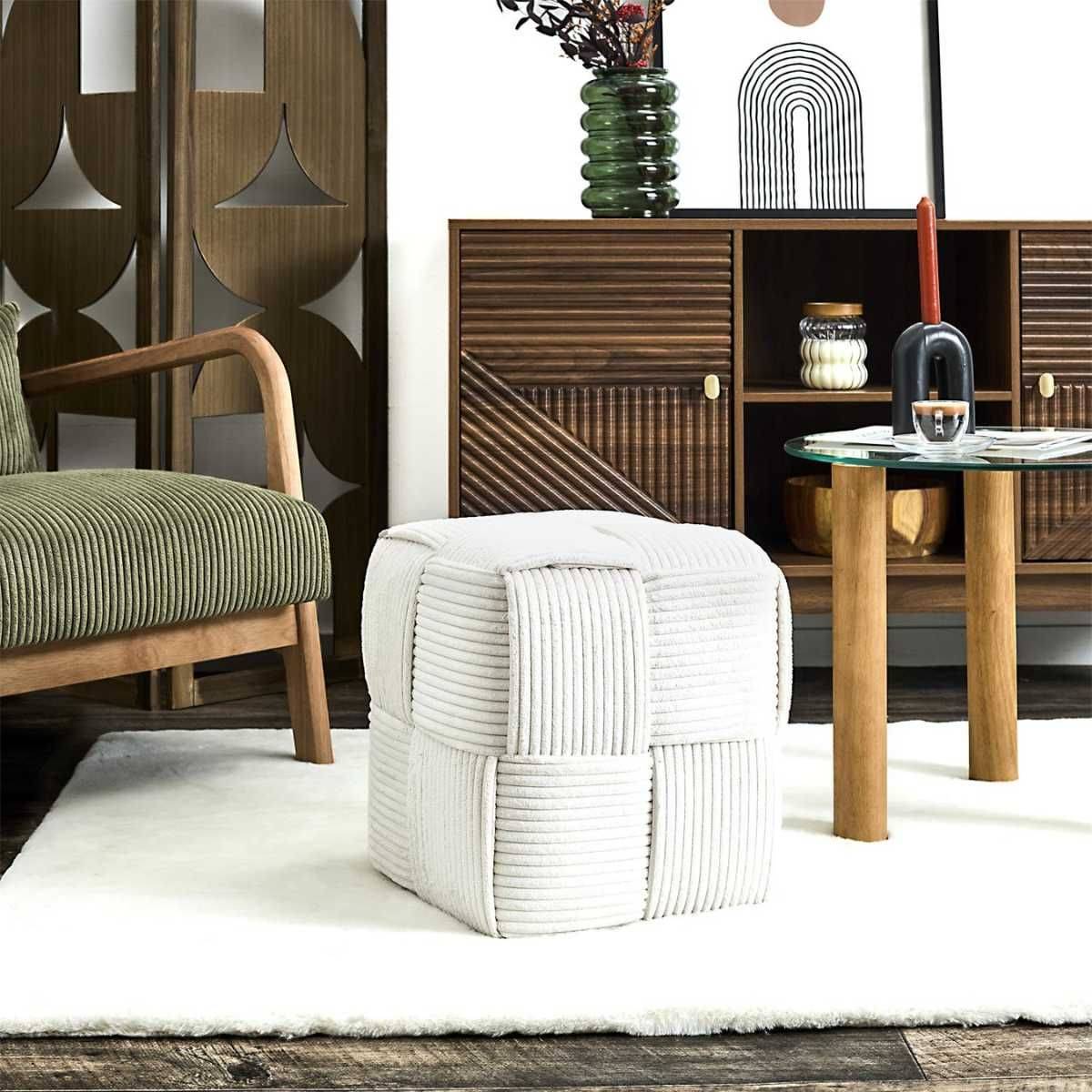 Pouf cube en velours côtelé tressé coloris crème - AMORY - Image 2