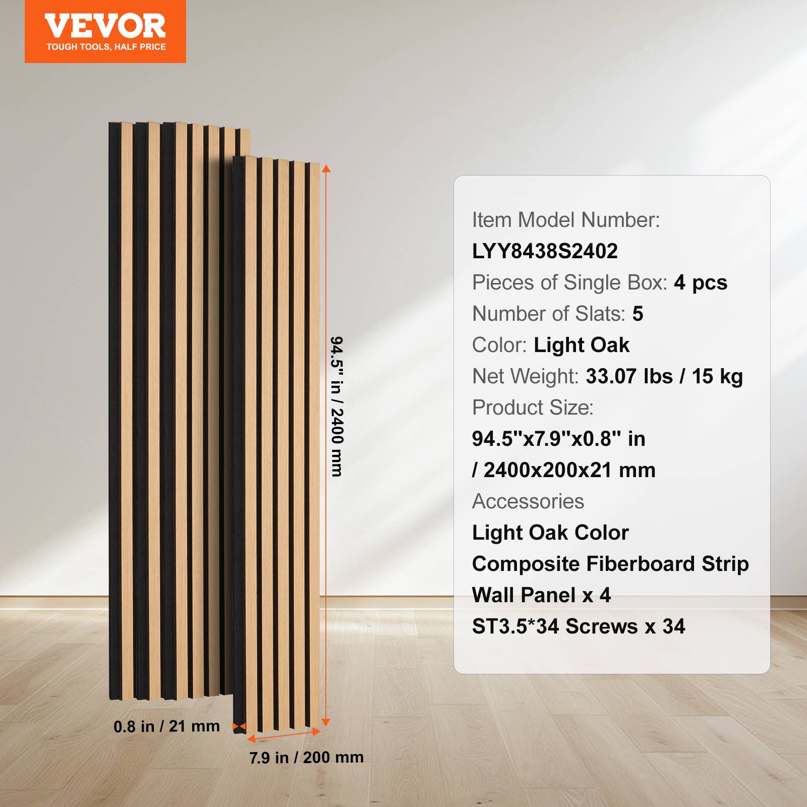 VEVOR Panneaux acoustiques lattes bois 2400x200 mm, MDF, réduction bruit. Chêne clair. - Image 7