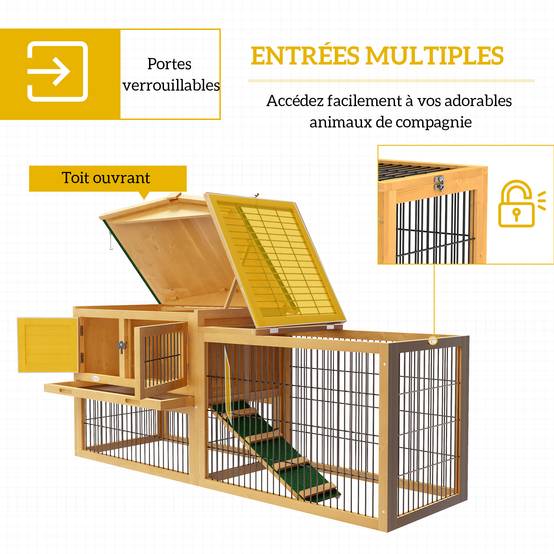 Clapier de sol bois sapin extérieur 2 étages avec rampe 150x52.5x68cm jaune - ComfortXL Outdoor Living - Image 7