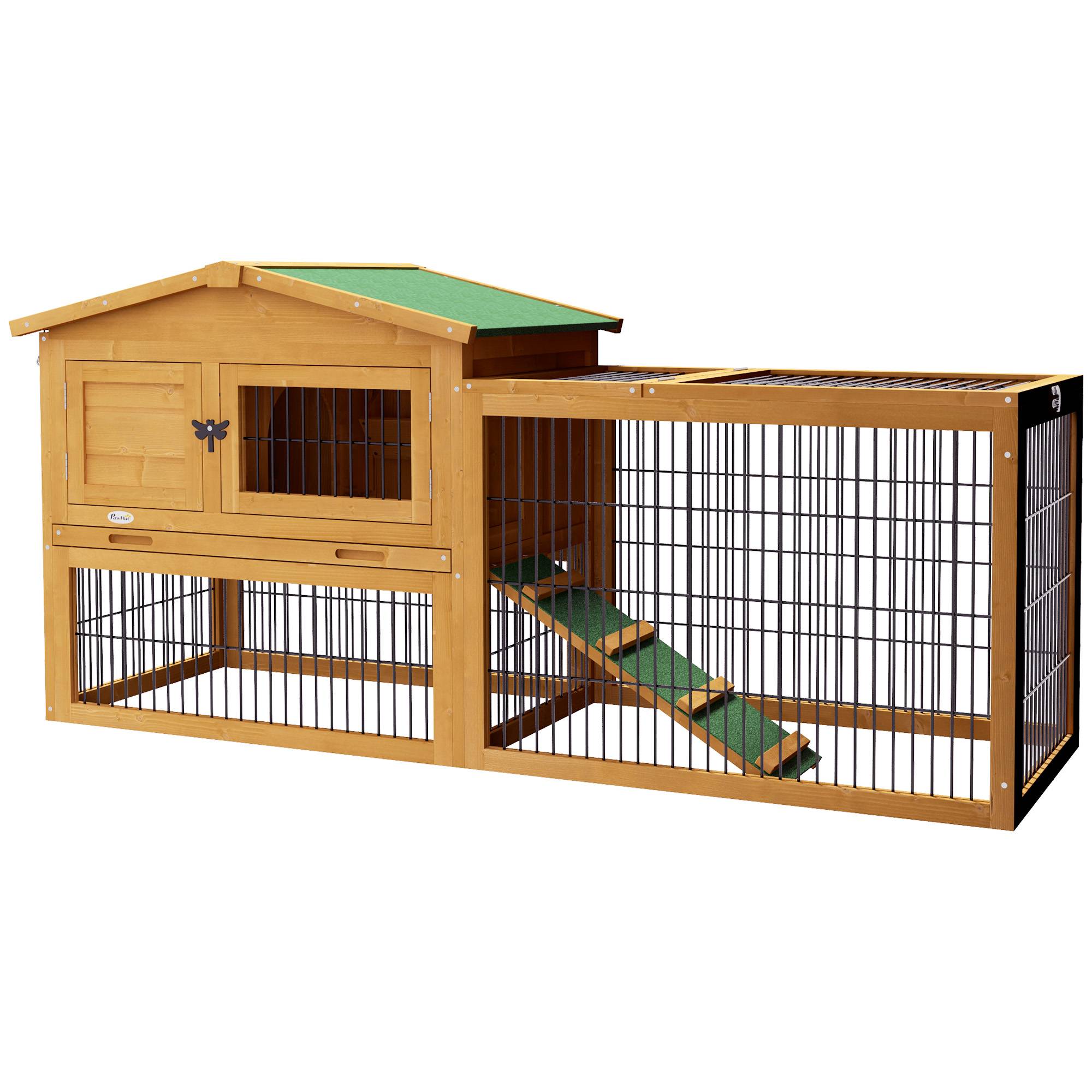 Clapier de sol bois sapin extérieur 2 étages avec rampe 150x52.5x68cm jaune - ComfortXL Outdoor Living - Image 1
