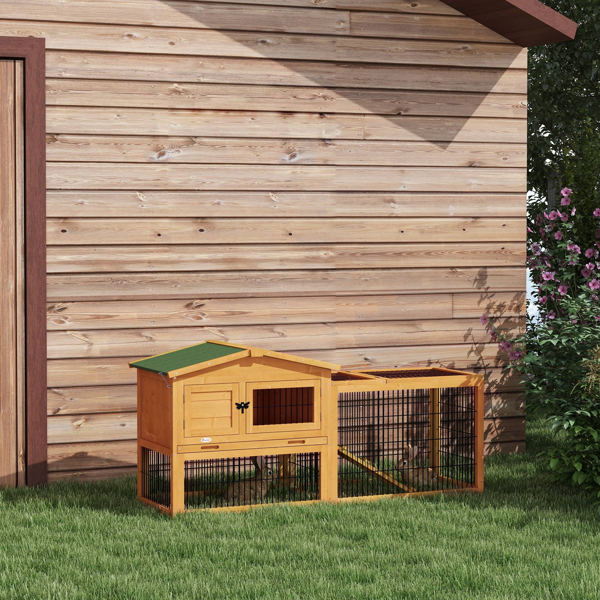Clapier de sol bois sapin extérieur 2 étages avec rampe 150x52.5x68cm jaune - ComfortXL Outdoor Living - Image 3