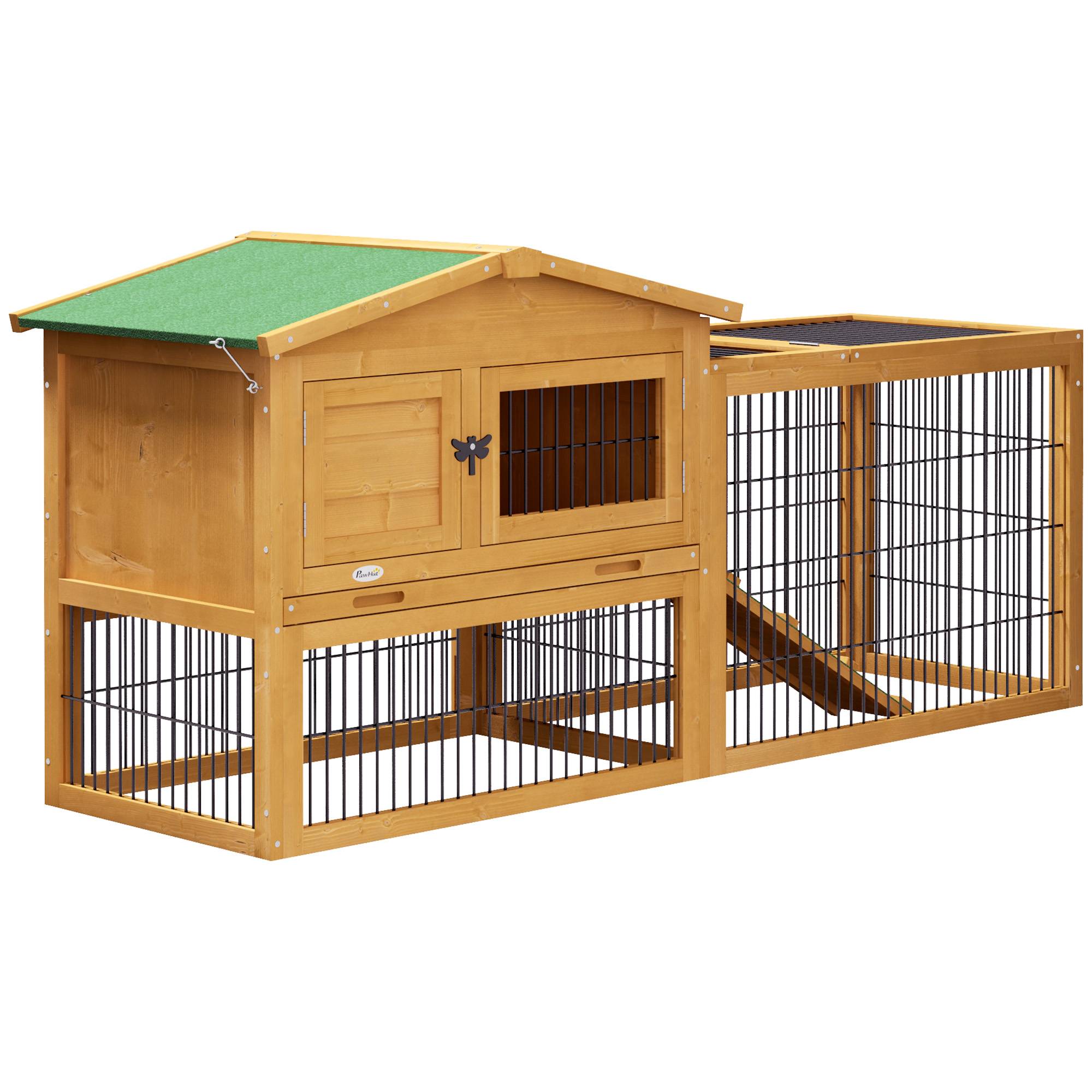 Clapier de sol bois sapin extérieur 2 étages avec rampe 150x52.5x68cm jaune - ComfortXL Outdoor Living - Image 2