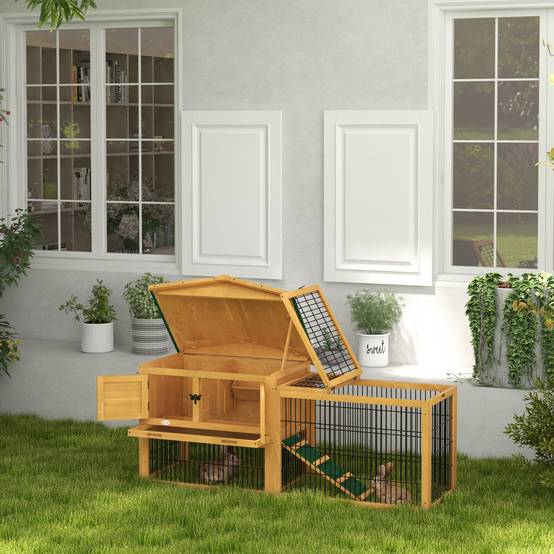 Clapier de sol bois sapin extérieur 2 étages avec rampe 150x52.5x68cm jaune - ComfortXL Outdoor Living - Image 4