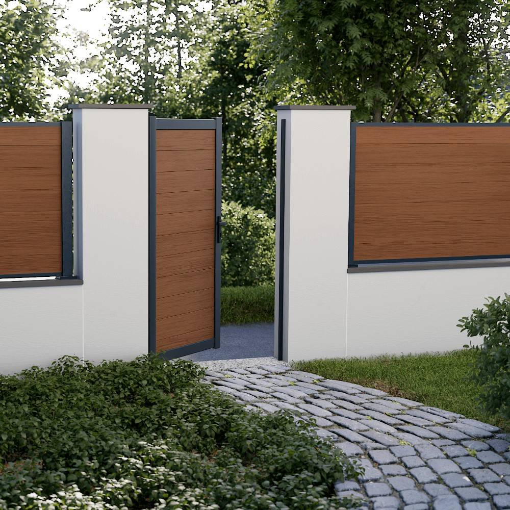 Kit Portillon Composite CRUZ Teck - Hauteur : 183cm - Largeur max : 120 cm - Largeur ajustable - Compatible clôture CRUZ - Image 1