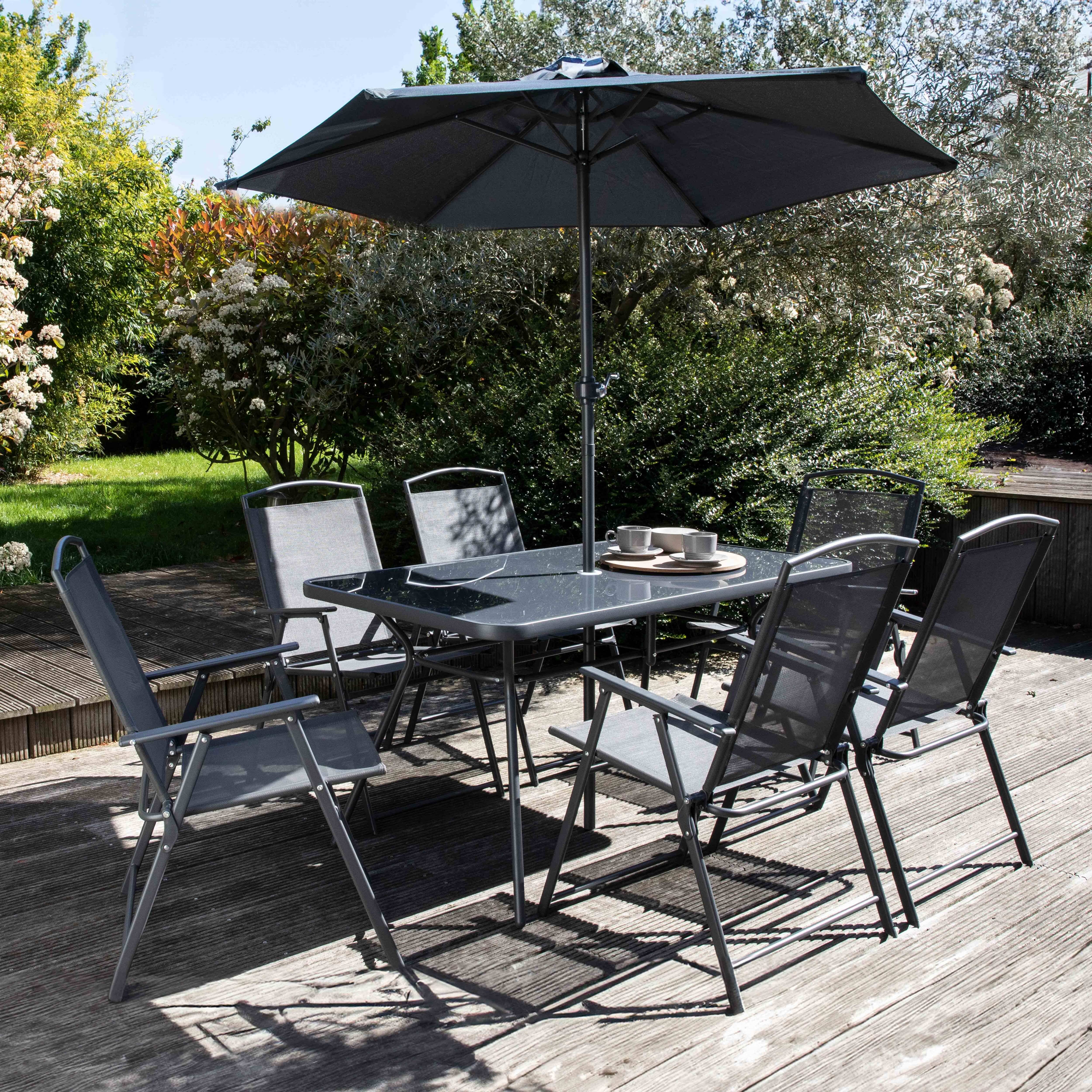 Oviala - Salon de jardin 6 places avec table pliante, chaises pliantes et parasol central inclus – Oviala