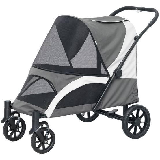 Poussette pliable pour chien avec fenêtres en filet, coussin lavable, sangles de sécurité, 124 x 67 x 100 cm, gris foncé - Image 2