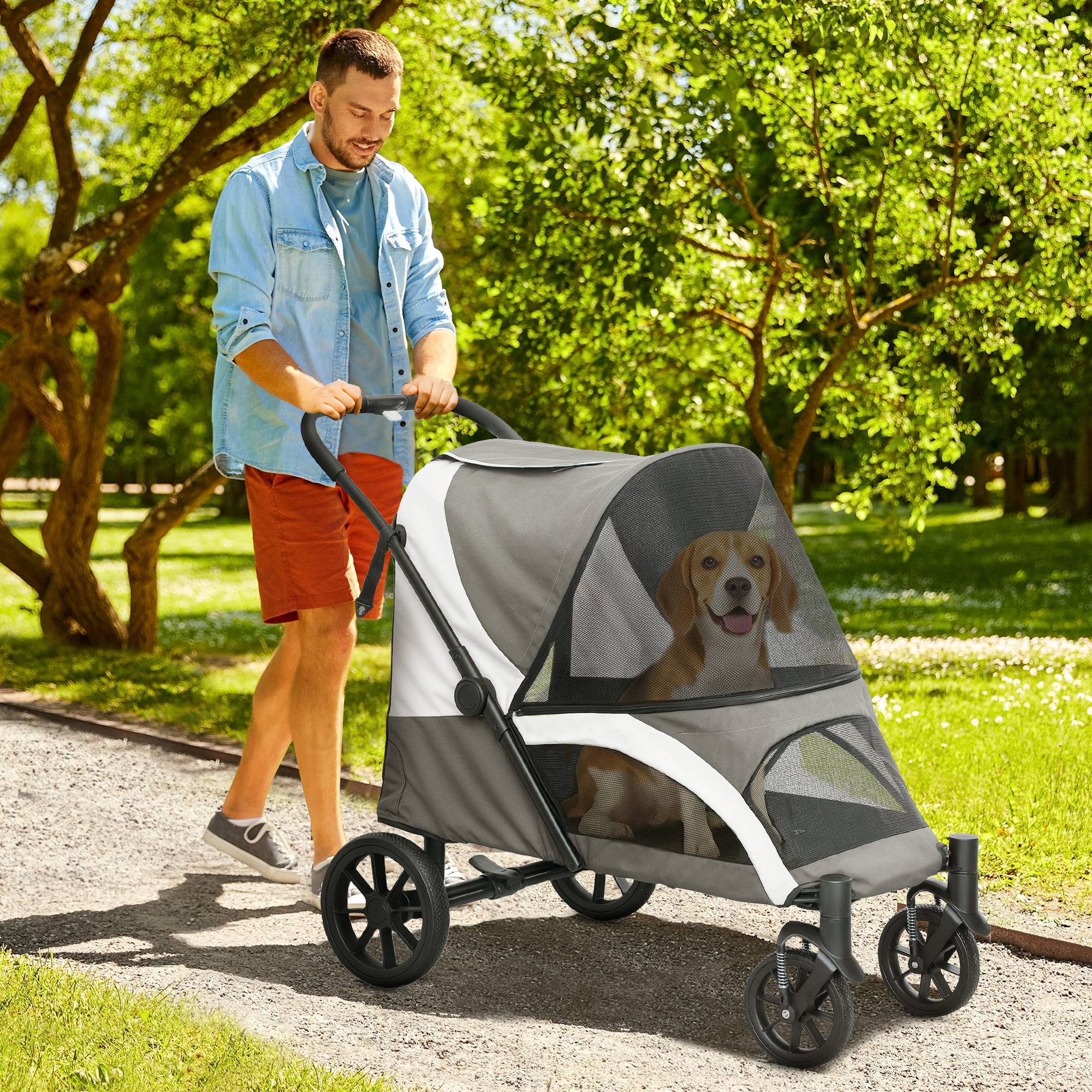 Poussette pliable pour chien avec fenêtres en filet, coussin lavable, sangles de sécurité, 124 x 67 x 100 cm, gris foncé - Image 3