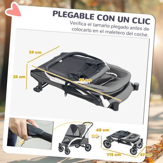 Poussette pliable pour chien avec fenêtres en filet, coussin lavable, sangles de sécurité, 124 x 67 x 100 cm, gris foncé - Image 7