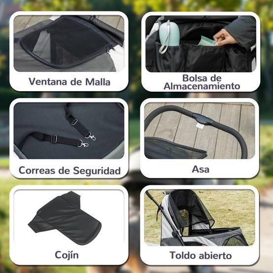 Poussette pliable pour chien avec fenêtres en filet, coussin lavable, sangles de sécurité, 124 x 67 x 100 cm, gris foncé - Image 9