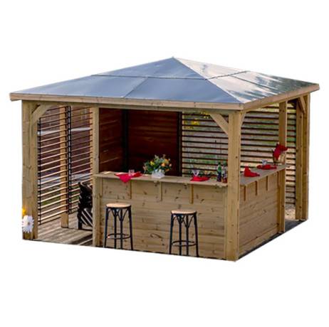 Pool house BLUETERM  en bois massif traité très haute température  2 parois avec ventelles et 2 parois avec comptoirs / Très belle finition bois - Image 1