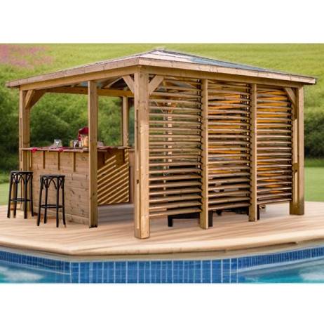 Pool house BLUETERM  en bois massif traité très haute température  2 parois avec ventelles et 2 parois avec comptoirs / Très belle finition bois - Image 4