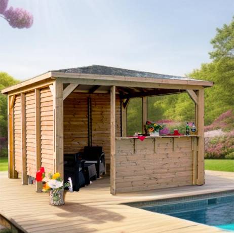 Pool house BLUETERM en bois massif traité très haute température 2 parois avec ventelles et 2 parois avec comptoirs / Très belle finition bois - Image 3
